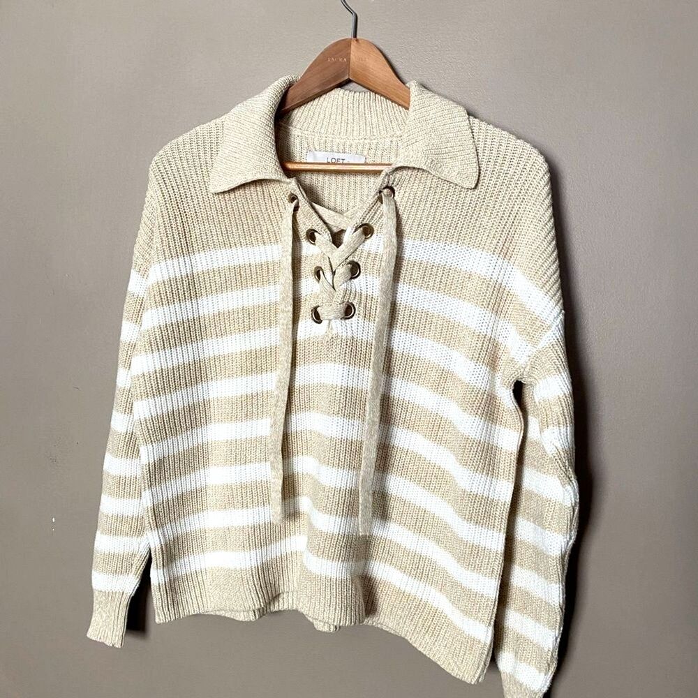 LOFT V-Neck Sweater Lace-Up collarvpullover oversized striped Neutral xs/s NWOT